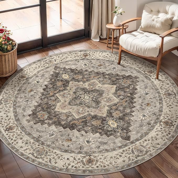 Tangsoo Vintage Round Rug 4ft Washable Circle Rug, Non Slip Small Boho Round Rug by Tangsoo