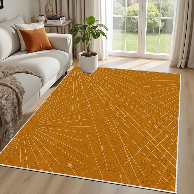 Modern Washable Area Rug 4x5, Boho Minimalist Non-Slip Rugs, Abstract Striped - Image 2