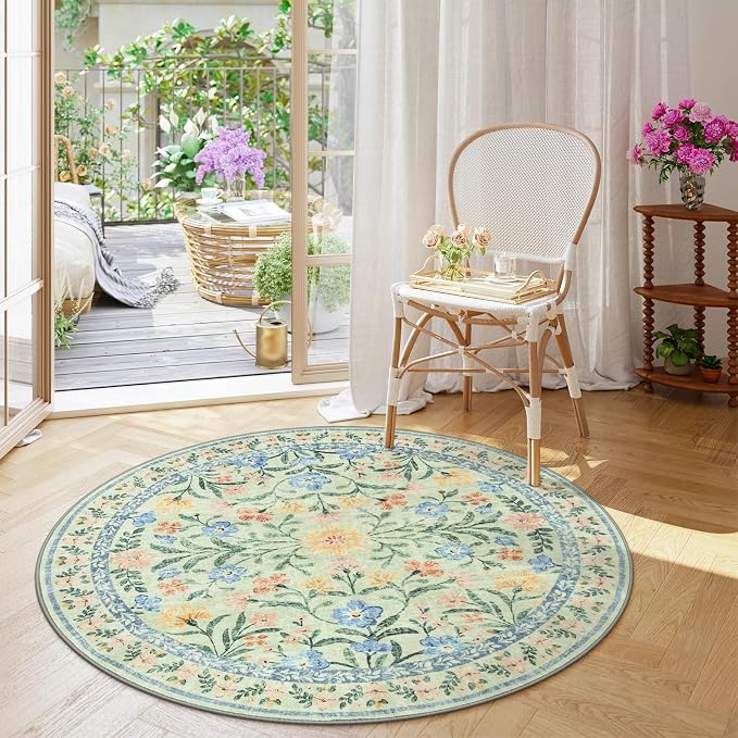 Wonnitar Washable Floral Round Rug, 6ft Sage Green Round Area Rugs - Image 2