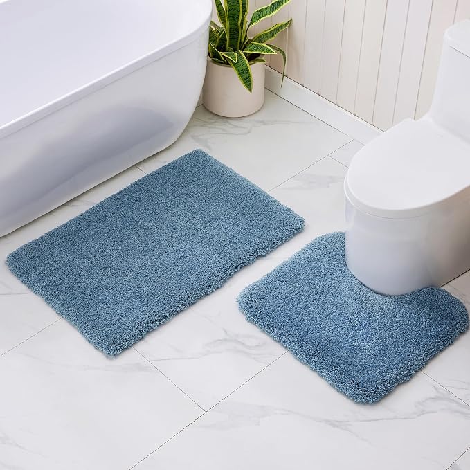 Blue Toilet Rug 22x24 Non Slip Fluffy Toilet Floor Mat U Shaped Washable - Image 7