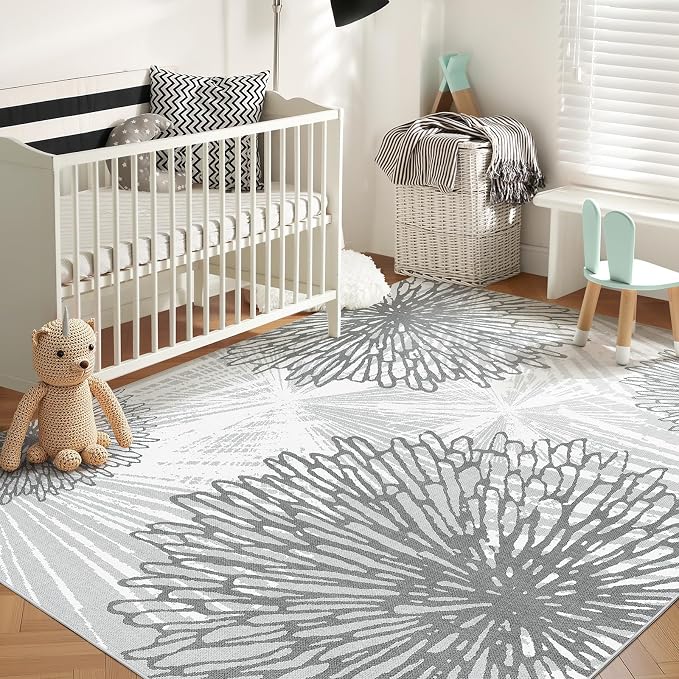 WITSHOCK 8x10 Washable Rug for Living Room, Modern Floral Distress Print - Image 3
