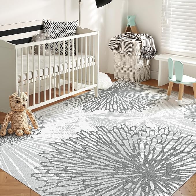 WITSHOCK 9x12 Washable Rug for Living Room, Modern Floral Distress Print - Image 3