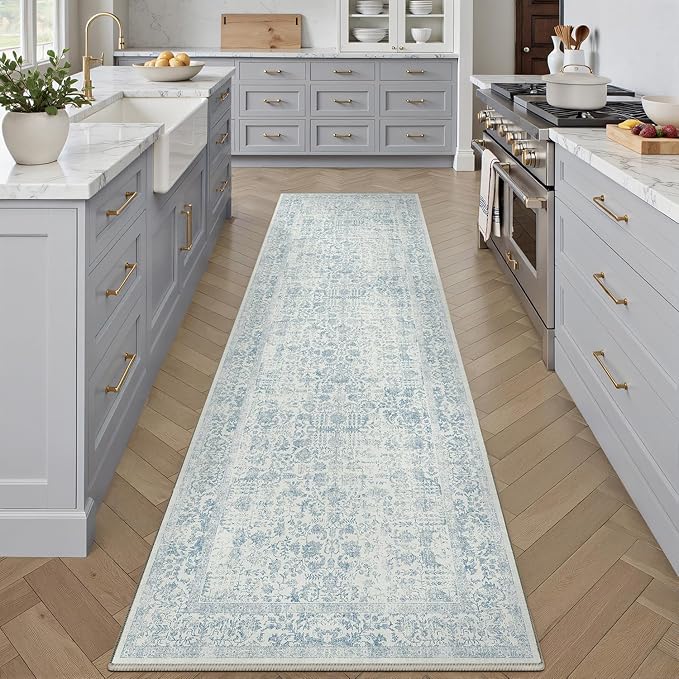 Blue Runner Rug 3x14 Hallway Machine Washable Kitchen Vintage Distressed Non - Image 5