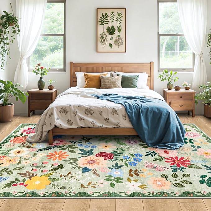 Area Rugs 9x12 Living Room: Floral Washable Rug Vintage Large Soft Boho - Image 3