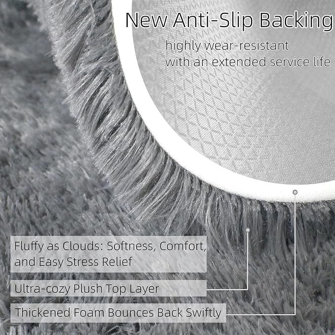 6x9 Solid Fluffy Grey Area Rug – Washable, Large Living Room Rug, Non-Slip High - Image 2