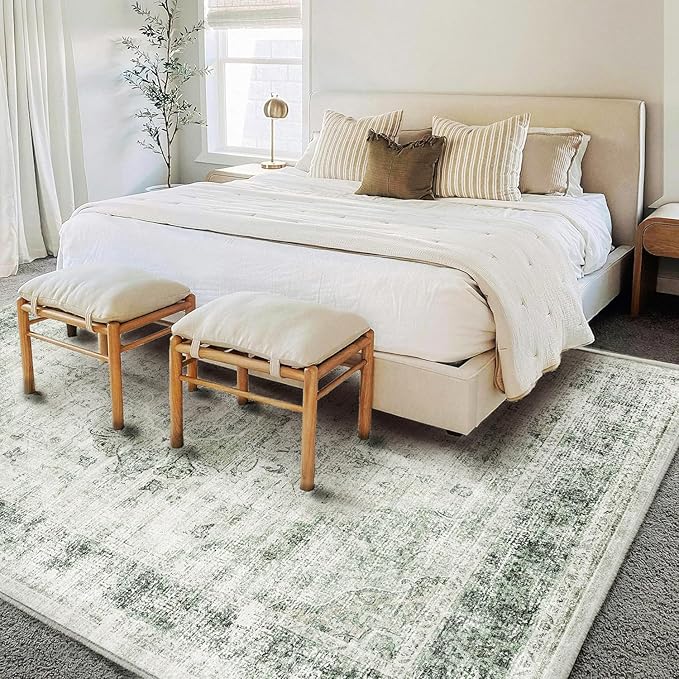 Washable Area Rug 10'x14' Floral Green Boho Design Non-Shedding Easy Care Ideal - Image 3
