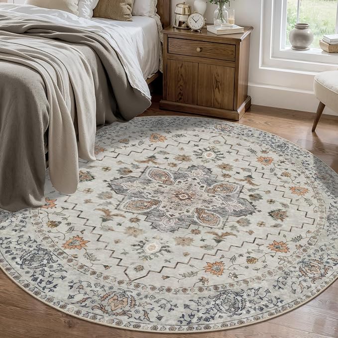 Tangsoo Vintage Round Rug 5ft, Washable Circle Rug, Non Slip Boho Round Area Rug by Tangsoo