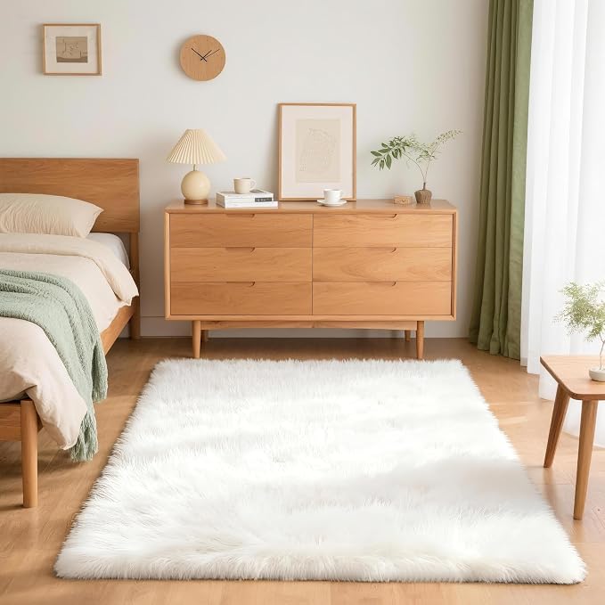 4x6 Solid Fluffy White Area Rug – Washable, Living Room Rug, Non-Slip High Pile - Image 6