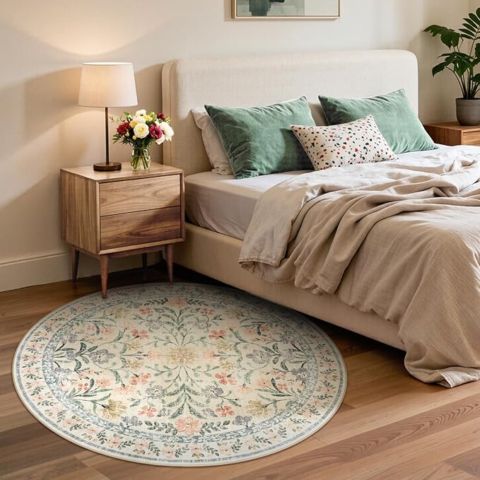 Lahome Circle Rug 6ft Beige Floral, Gentle Blossom Print Nursery Round Rug - Image 4
