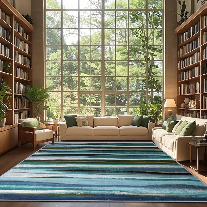 Abstract 3x5 Area Rug, Modern Stripe Teal Rugs - Image 3