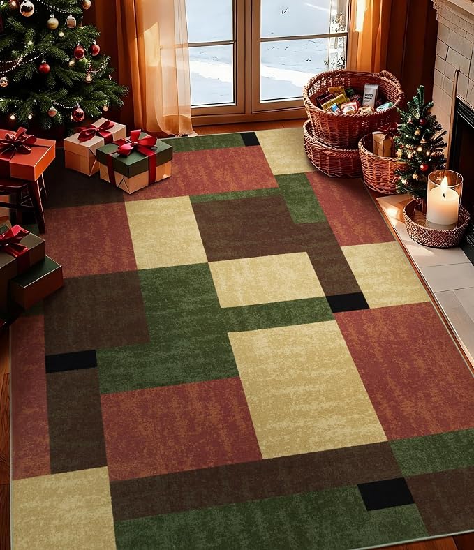YIHOUSE Red and Green Rug 5x7, Burgundy Farmhouse Vintage Rugs Washable by YIHOUSE