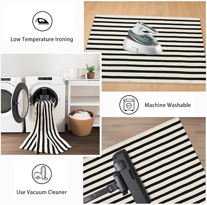 Black and White Striped Rugs 2.3'x3.6', Washable Hand Woven Front Door Rug - Image 6