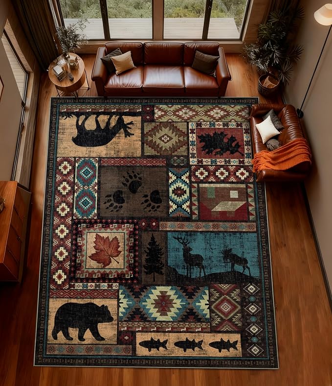 YIHOUSE Rustic Cabin Rugs for Living Room 9x12, Wildlife Bear & Deer Area Rug - Image 3