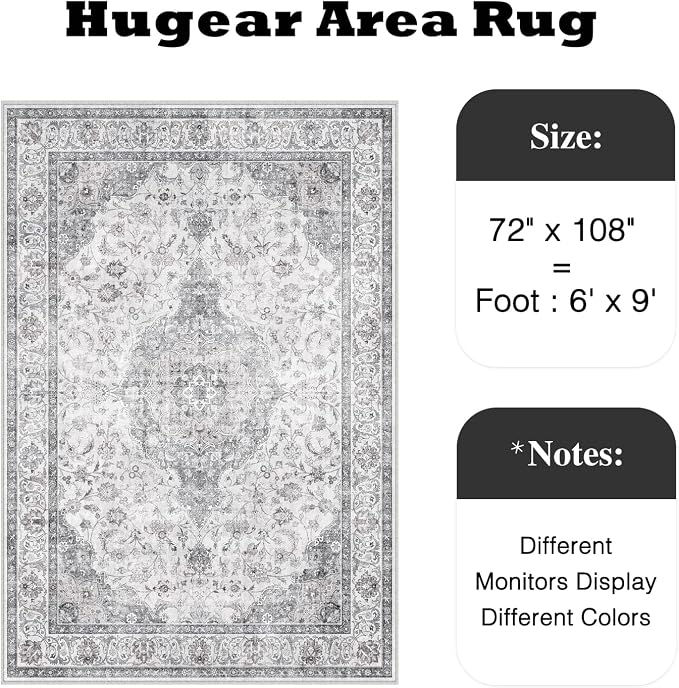HUGEAR Area Rug 6x9 Vintage Grey Machine Washable Living Room Rugs Thin Neutral - Image 2