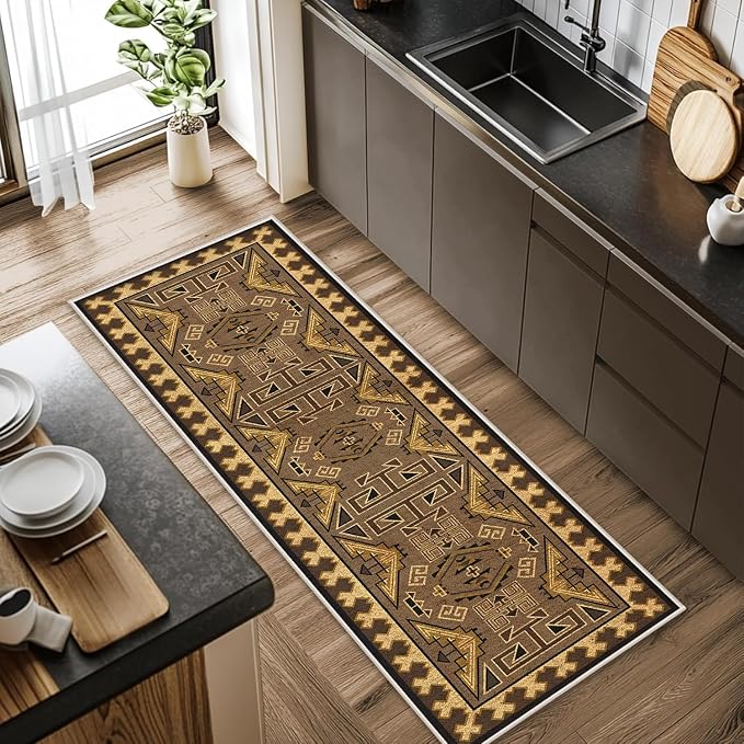 Brown Geometric Runner Rug, 4x12ft Hallway Runner Washable Rug, Corridor & - Image 3