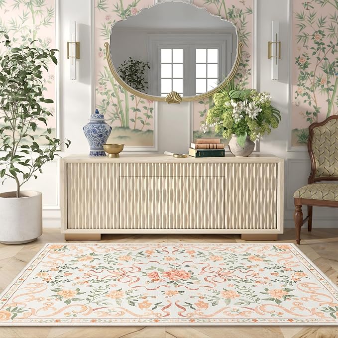 Orange Rug Bow Floral Rug 3x5, Washable Boho Area Rugs Non Slip Low Pile Carpet - Image 3