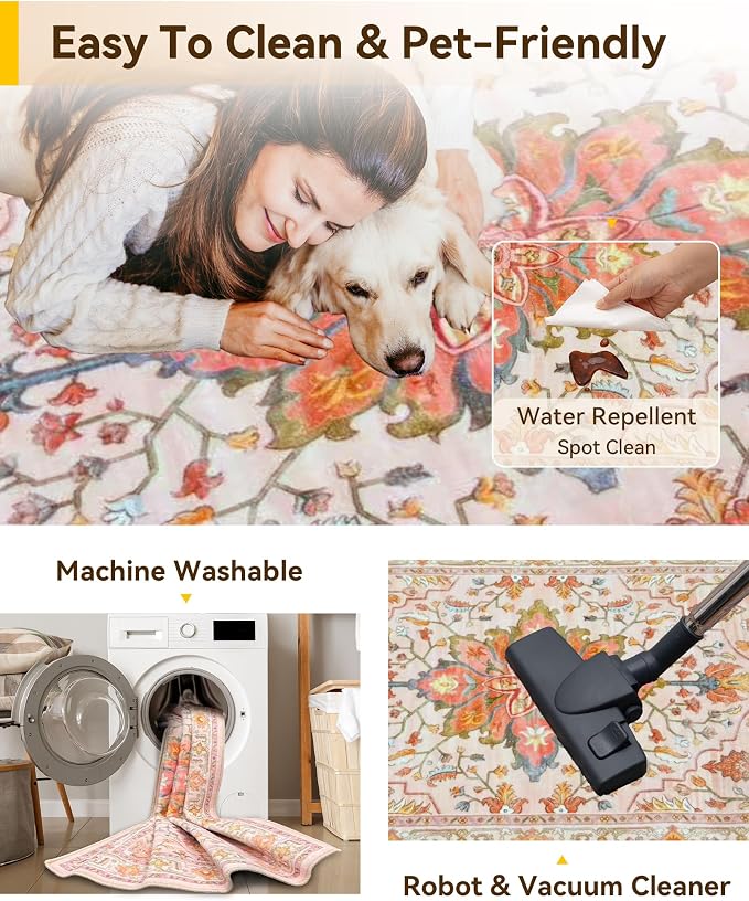 Area Rugs 5'x7' Washable Non-Slip, Floral Vintage Distress Print Pattern - Image 5