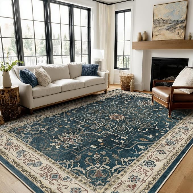 Large Vintage Area Rugs 9x12 for Living Room, Dark Distressed Medallion Printed by Jainmy