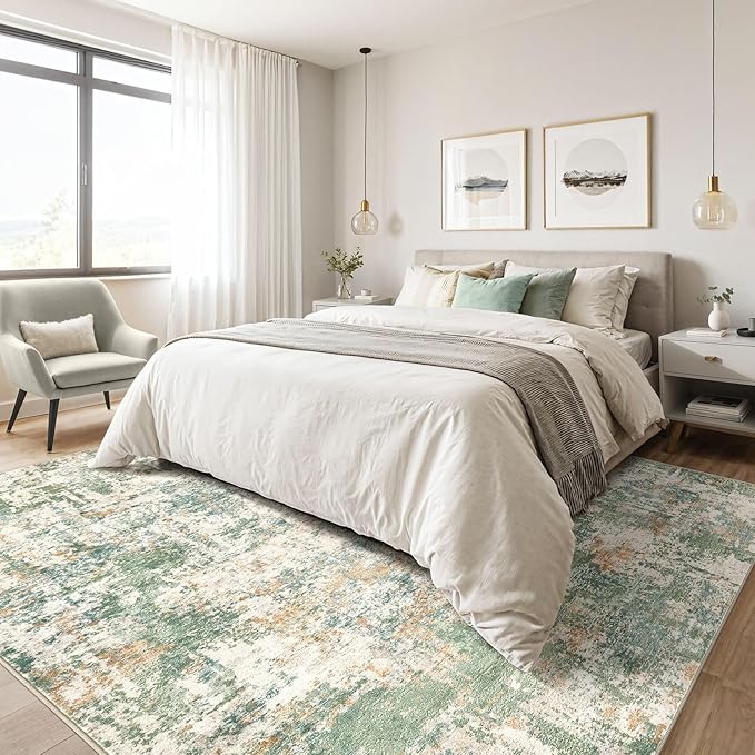 5x7 Area Rugs Living Room: Washable Large Abstract Soft Green Rug Stain - Image 4
