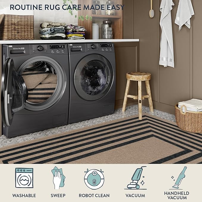 Lahome Modern Geometric Easy Jute Outdoor Rug, 3x5 Black Washable Kitchen Rugs - Image 5