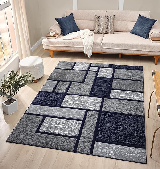Navy Blue Geometric 8x10 Area Rug – Modern Patterned Carpet by HADBA
