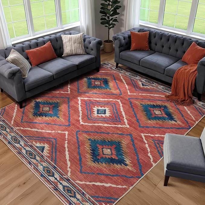 Area Rug 7x9 Rug Machine Washable Non-Slip Low Pile Print Pattern Western Rug by BESTSWEETIE