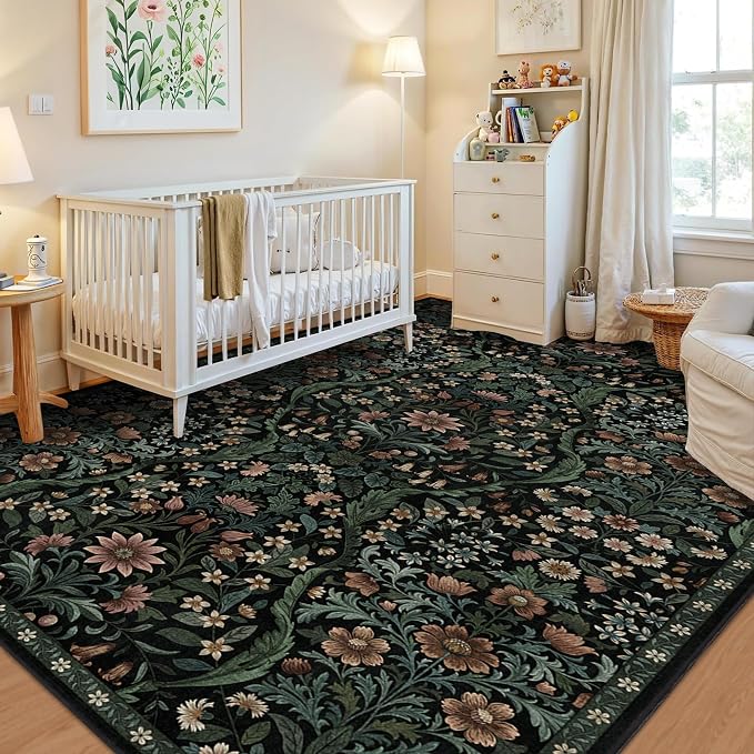 5×7 Black Washable Floral Area Rug, Vintage Boho Soft Low-Pile Living Room Rugs - Image 4