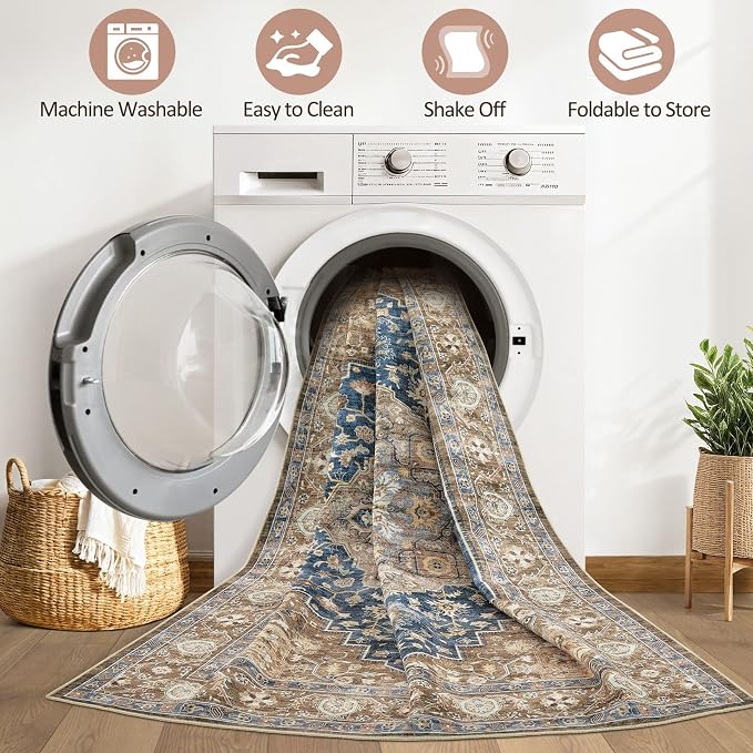 8x10 Area Rugs Living Room: Washable Boho Large Neutral Vintage Soft Rug Stain - Image 2
