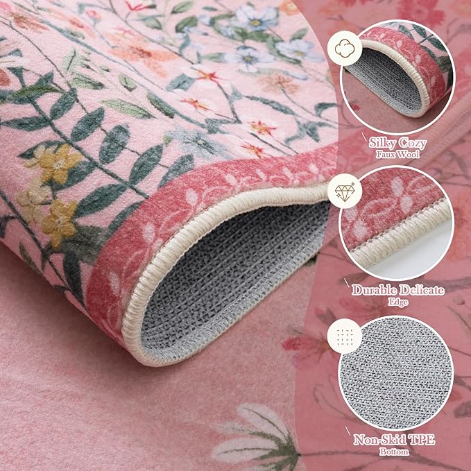 Wonnitar 2x3 Pink Bathroom Rugs Non Slip Washable, Floral Small Area Rugs - Image 4