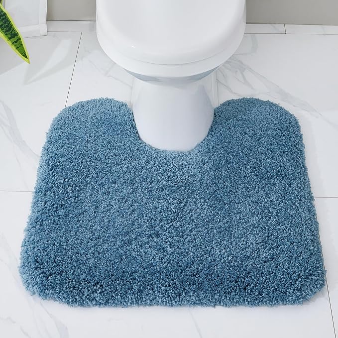 Blue Toilet Rug 22x24 Non Slip Fluffy Toilet Floor Mat U Shaped Washable - Image 3