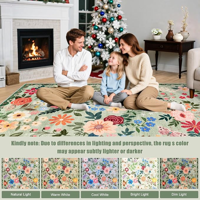 Area Rugs 9x12 Living Room: Floral Washable Rug Vintage Large Soft Boho - Image 9