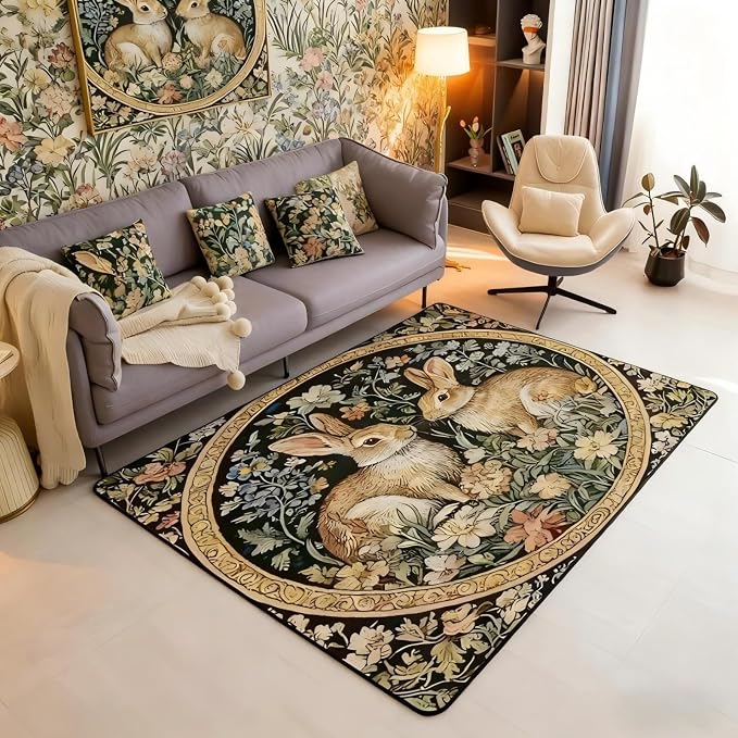 Rustic Rabbits 3 x 5 Area Rug Country Plant Leaves Floral Rugs by Erosebridal