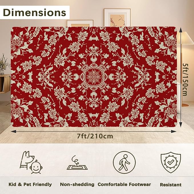 Red Flower Carpet for Living Room, 5x7 Non-Slip Washable Low Pile Abstract - Image 2