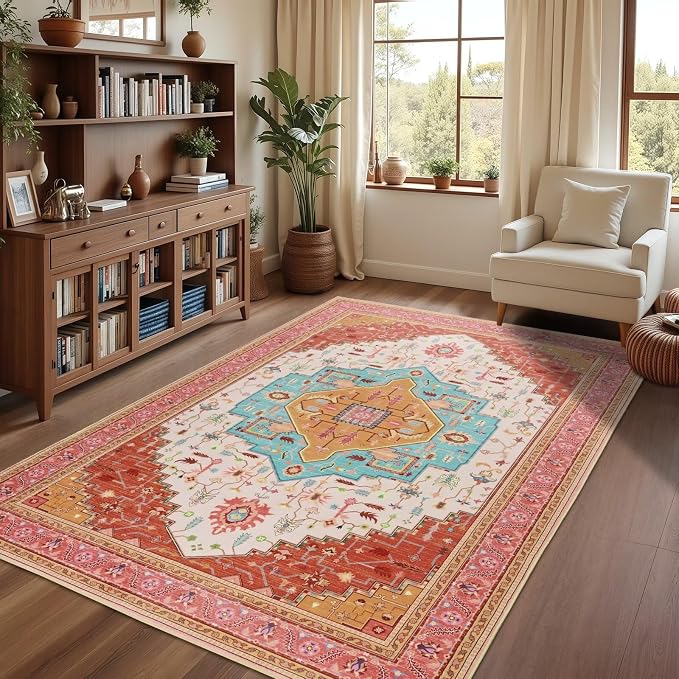 6x9 Orange Pink Area Rug for Living Room, Machine Washable Rugs - Image 3