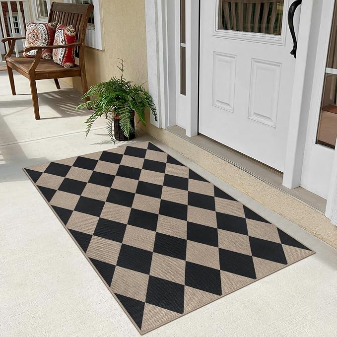 Easy Jute Checkered Entryway Rug, 2.6x4 Black Modern Indoor Outdoor Doormat - Image 5