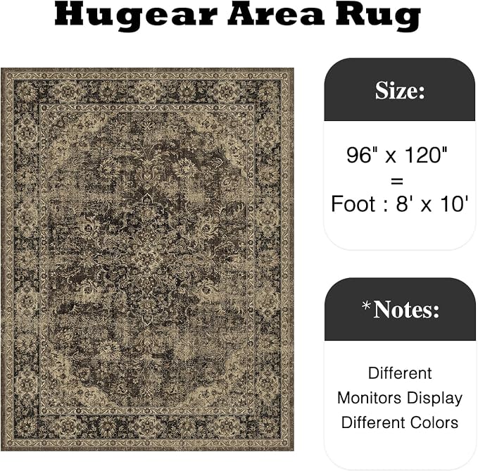 HUGEAR Retro Brown Area Rug 8x10 Machine Washable Living Room Rugs Distressed - Image 2