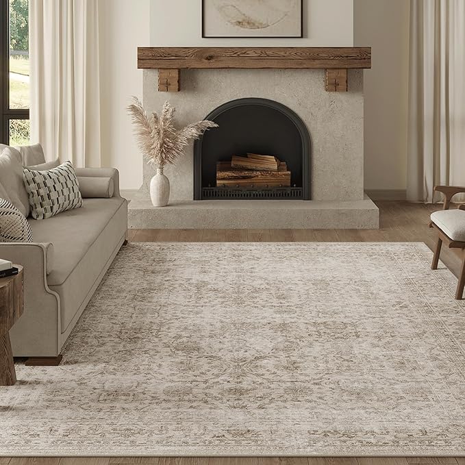 FMFUNCTEX 10x12 Washable Area Rug Beige Vintage Neutral Distressed Large Non by Fmfunctex