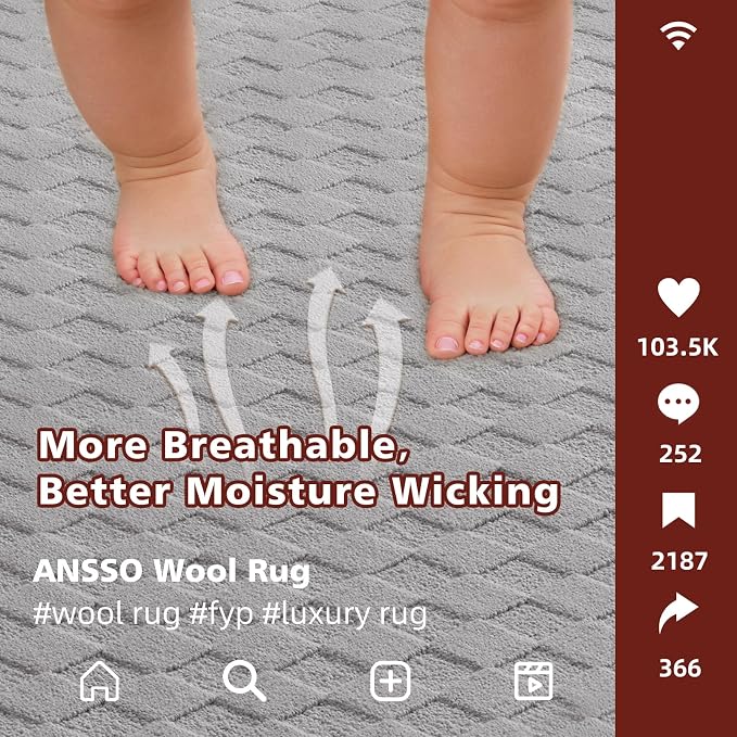 ANSSO Wool Rugs 8x10 for Living Room, 80% Merino Wool and 20% Cotton Soft - Image 6