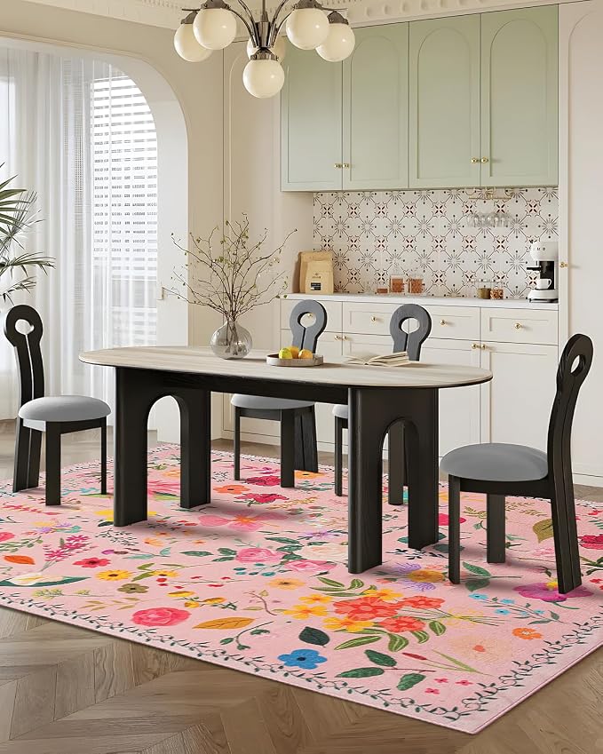 Boho Washable Area Rug 6x9 for Living Room, Kitchen or Dining Room, Soft Floral - Image 6