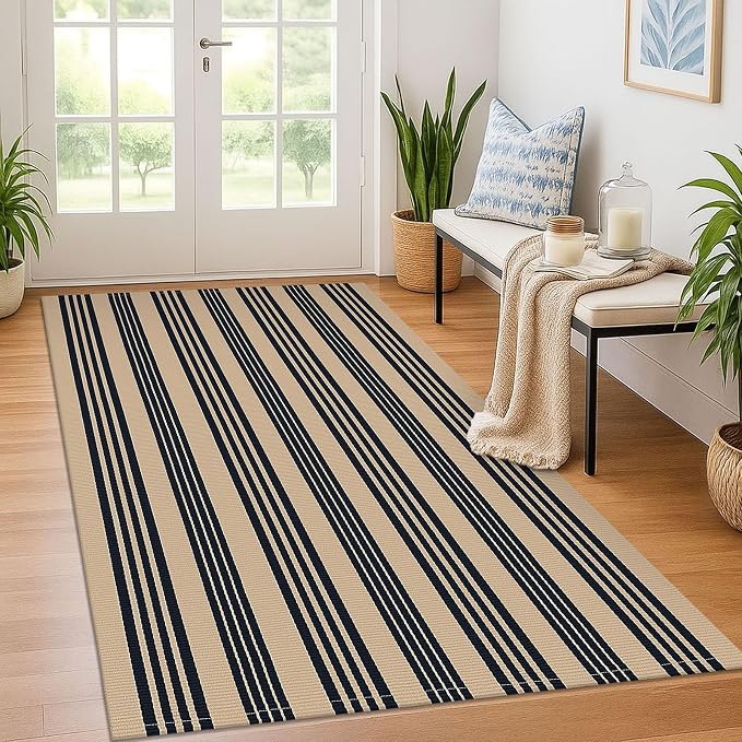 KOZYFLY Striped Front Door Mat 4x6 Ft Brown and Black Front Door Rug Cotton by KOZYFLY