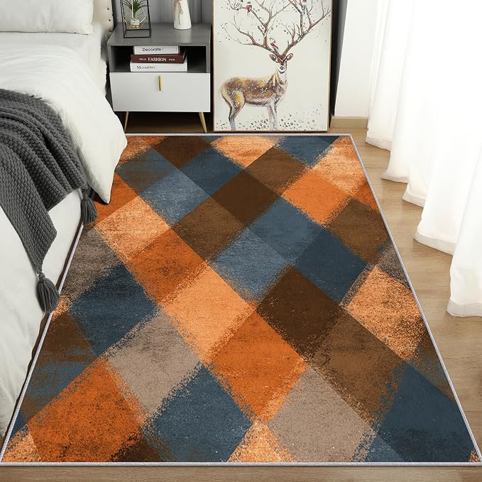 Checkered Geometric Rug, Washable 5x8 Rug - Image 3