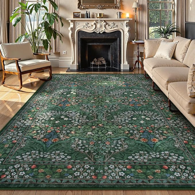 Lahome Floral Dark Green Area Rugs 8x10, Soft 8x10 Washable Rugs by Lahome