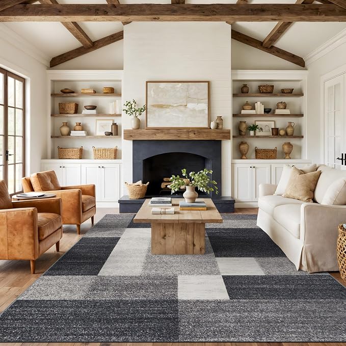Rugshop Gray Modern Geometric Boxes Non-Slip Area Rug Non-Shedding by Rugshop