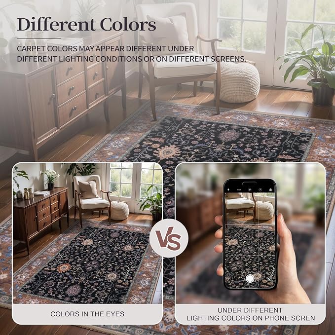 Ciicool Black Area Rugs Washable Non Slip Runner Rug, 2x6ft Hallway Rug Vintage - Image 5