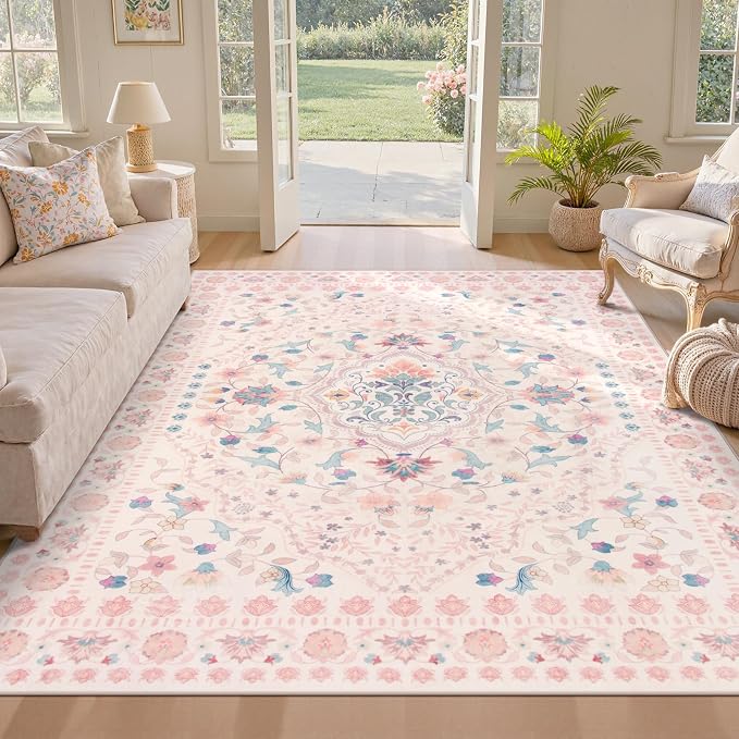 Wonnitar Boho Floral 8x10 Pink Area Rug, Washable Kids Rugs by Wonnitar
