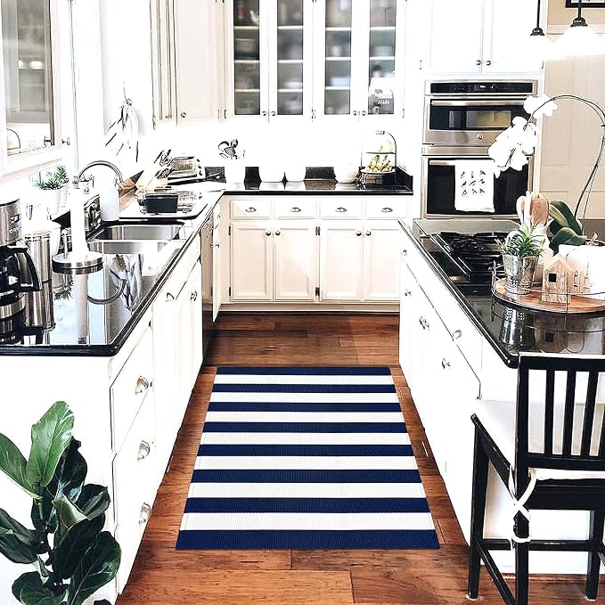 KOZYFLY Striped Outdoor Rug 3x5 Ft Front Door Rug Navy and White Hand Woven - Image 7