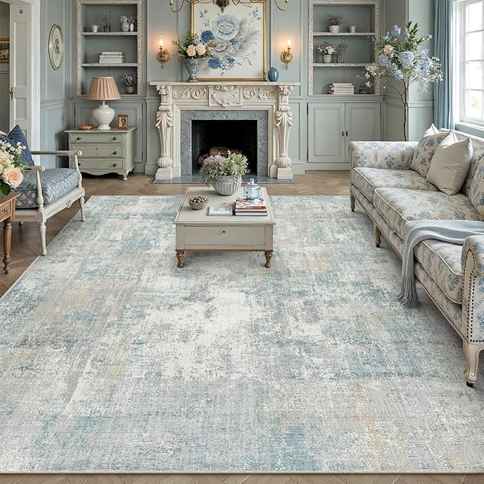 10x12 Area Rug Blue Cream Abstract Living Room Bedroom Washable Carpet Neutral by WondRg