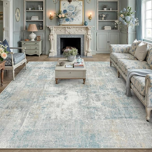 10x12 Area Rug Blue Cream Abstract Living Room Bedroom Washable Carpet Neutral by WondRg