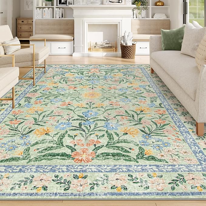 Wonnitar Machine Washable Area Rugs 9x12, Soft Sage Green Floral Rug - Image 6