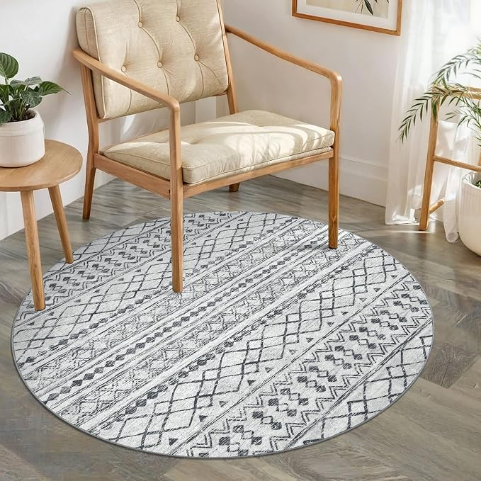 KUTA Washable Circle Rug 3Ft Grey Moroccan Washable Round Area Rugs Boho Foyer by KUTA